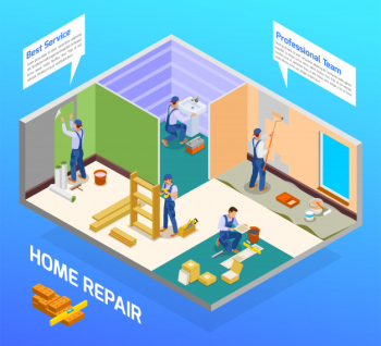 Home repair craftsman isometric composition with house remodeling professional team flooring painting sanitary installation service Free Vector