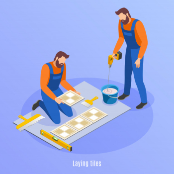 Home repair isometric background with two men in uniform preparing for laying tiles  illustration Free Vector