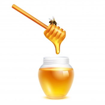 Honey dripping from dipper stick with honeybee in glass jar realistic design concept on white background Free Vector