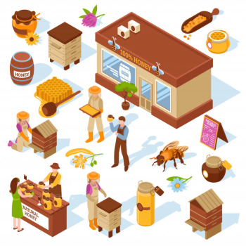 Honey farm isometric icons set Free Vector Honey farm isometric icons set Free Vector