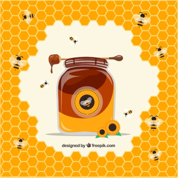 Honey jar with hive and bees background Honey jar with hive and bees background