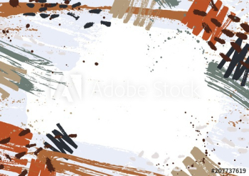Horizontal backdrop decorated with colorful paint stains, spots, scribble and brush strokes on white background