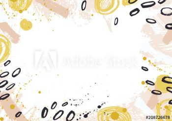 Horizontal backdrop decorated with colorful paint traces, ink stains, blots and brush strokes on white background