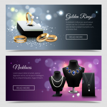 Horizontal jewelry realistic banners with golden rings and elegant necklaces on mannequins