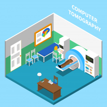 Hospital isometric interior composition with view of room equipped with computer tomography medical apparatus with text Free Vector