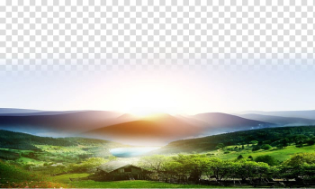 House near body of water and forest, Morning Dawn Sunrise Day , sunrise transparent background PNG clipart