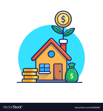 house with gold coin money plant cartoon