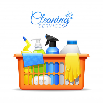 Household cleaning products in basket illustration Free Vector