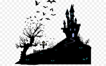 Housewarming party Halloween Wedding invitation Moving party - Vector black silhouette haunted house 