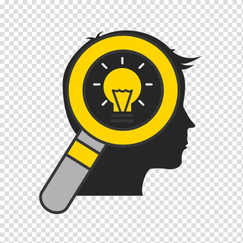 Human's face, magnifying glass, and light bulb art, Idea Icon, Magnifying glass bulb with a brain transparent background PNG clipart