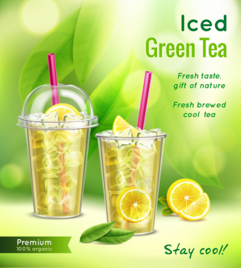 Iced green tea realistic advertising composition with full glasses mint leaves lemon  vector illustration Free Vector