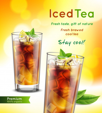 Iced tea package realistic advertising composition with full glasses mint leaves lemon promoting text vector illustration Free Vector