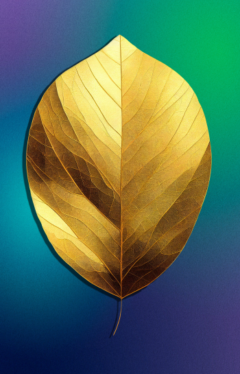 Illustrated design of a golden leaf on a colorful background