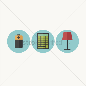 Illustration of battery, calculator and table lamp