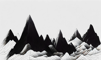 Illustration of black and white sketches of rocky mountains in a plain background