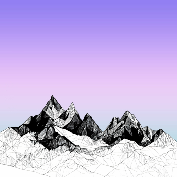 Illustration of black and white sketches of rocky mountains on the brightly-colored background