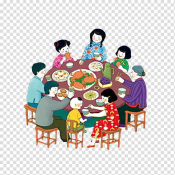 Illustration of family eating meal together, Reunion dinner Mid-Autumn Festival Chinese New Year Family Illustration, Family reunion dinner dinner transparent background PNG clipart