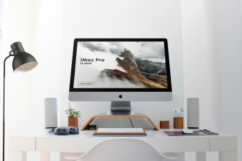iMac Pro in Desk Free Mockup iMac Pro in Desk Free Mockup