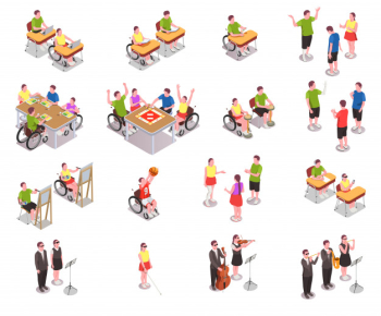 Inclusive education isometric icons set with disabled people in different situations at school isolated on white  3d Free Vector