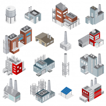 Industrial buildings isometric set of elements for factories and power plants constructor isolated Free Vector