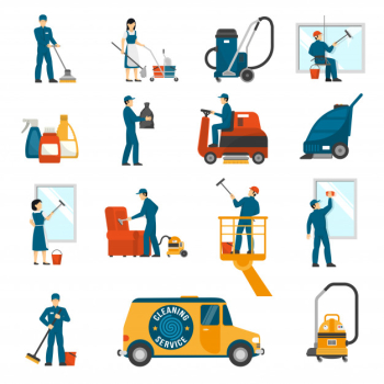 Industrial cleaning service flat icons set Industrial cleaning service flat icons set