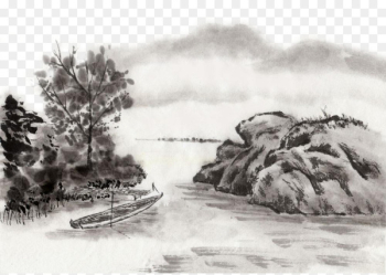 Ink wash painting Landscape painting Chinese painting India ink - Danqing ink lake 