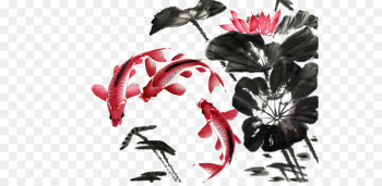 Ink wash painting Shan shui Chinese painting - Ink lotus fish 