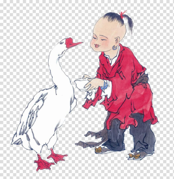 Ink wash painting Watercolor painting Child, Child feeding geese transparent background PNG clipart