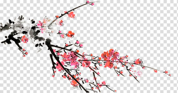 Ink wash painting Watercolor painting Red and White Plum Blossoms, design transparent background PNG clipart