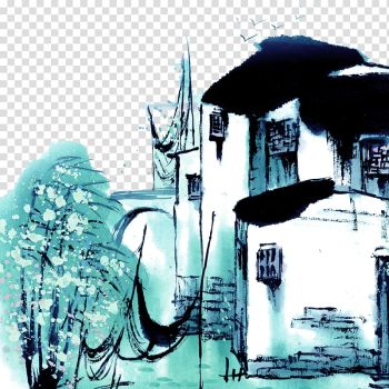 Ink wash painting Watercolor painting, Retro house transparent background PNG clipart