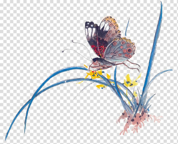 Insect Butterfly Ink wash painting Chinese painting, Waterflies Butterfly Flower Blue Grass Chinese Style transparent background PNG clipart