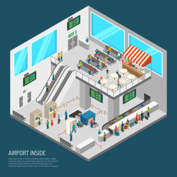 Inside airport isometric poster Inside airport isometric poster