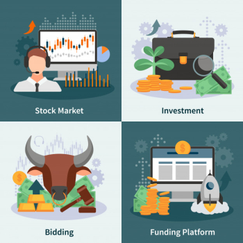 Investment and trading design concept with broker bidding market rate venture capital images flat vector illustration Free Vector