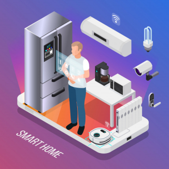 Iot kitchen appliances security camera  isometric composition with owner controlling smart refrigerator with touch display  illustration Free Vector