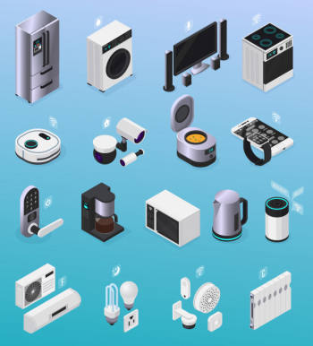 Iot smart home remote controlled electronic devices isometric icons collection with refrigerator tv stove coffeemaker  illustration Free Vector