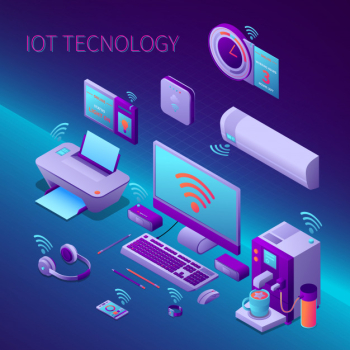 Iot technology isometric composition with office equipment and electronic personal gadgets vector illustration Free Vector