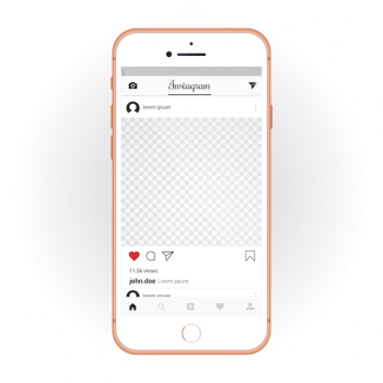IPhone with mobile UI kit Instagram. Smartphone mockup and chat app