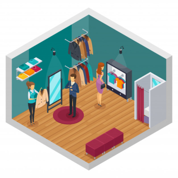 Isolated and colored trying shop isometric interior concept with cloth accessories and buyers Free Vector