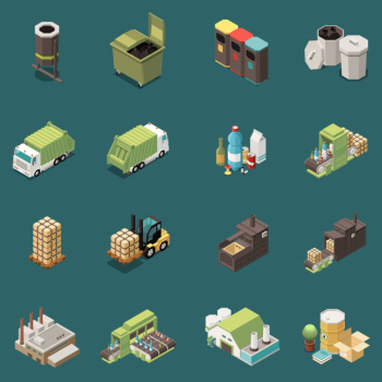 Isolated isometric garbage recycling icon set with separate recycle bag waste baskets and different factory  illustration Free Vector