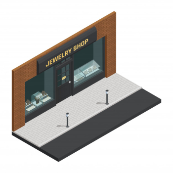 Isolated stylish colored jewelry shop isometric composition with storefront and shop sign vector illustration Free Vector