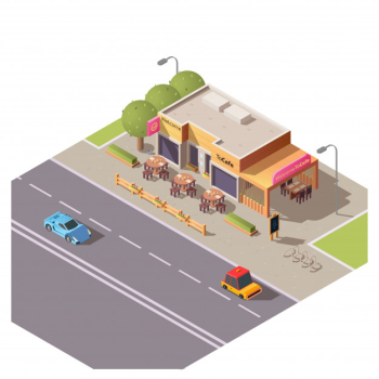 Isometric 3d cafe building with outdoor terrace Free Vector Isometric 3d cafe building with outdoor terrace Free Vector