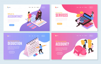 Isometric accounting horizontal banners collection with four isolated compositions editable text with clickable links and buttons vector illustration Free Vector