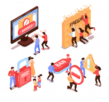 Isometric banned website design concept with human characters and conceptual icons pictograms with computer electronic devices vector illustration Free Vector