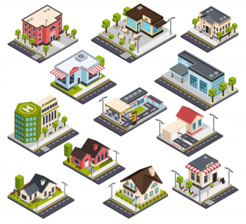 Isometric city buildings set Free Vector