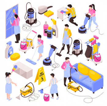 Isometric cleaning service set of isolated images cleanser products detergents vacuum cleaners and people in uniform Free Vector