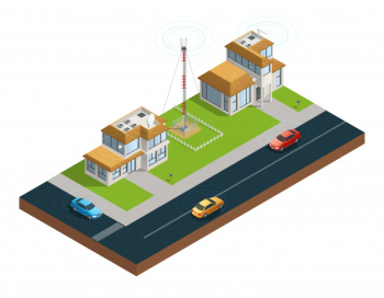 Isometric composition of town street with devices in houses tower and cars connected