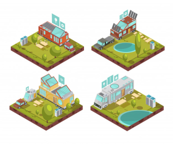 Isometric compositions with mobile house, roof solar panels, technologies icons at campsite in summertime isolated vector illustration Free Vector