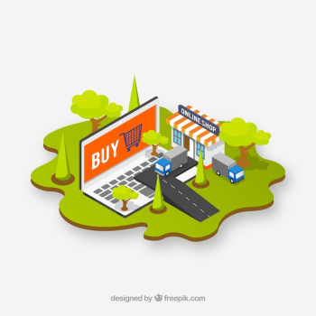 Isometric computer background and e-commerce elements