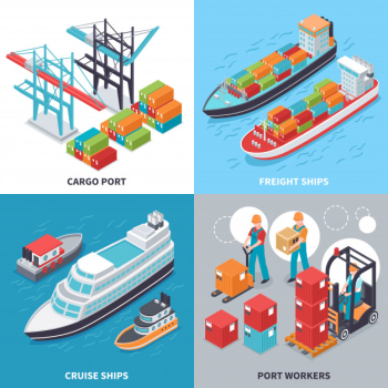 Isometric design concept with freight and cruise ships and sea port workers Free Vector