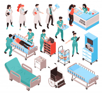 Isometric doctor nurse hospital workers set with isolated human characters in uniform clothes with furniture items vector illustration Free Vector